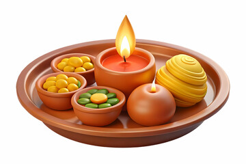 3D Glowing Diwali Thali Icon with Festive Sweets & Diyas, Isolated on White Background - Abstract Vector Design Reflecting the Joy and Abundance of Diwali Celebration