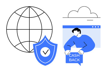 A globe symbol alongside a shield with a checkmark. A person holding a Cash Back sign appears on a website window under a cloud. Ideal for finance, e-commerce, online security, cloud technology