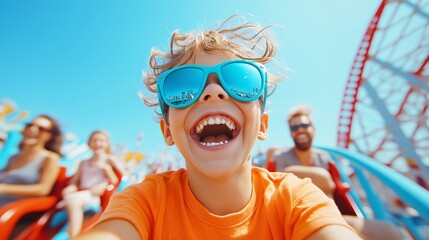 Exciting family selfie on thrilling roller coaster ride with son, mom, and dad speeding through amusement park, capturing the joy, adventure, and adrenaline rush of outdoor fun and family bonding