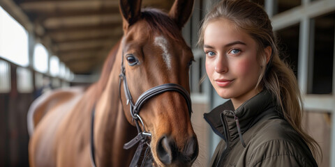 Fototapeta premium Young Woman with Brown Horse in Modern Equestrian Stable