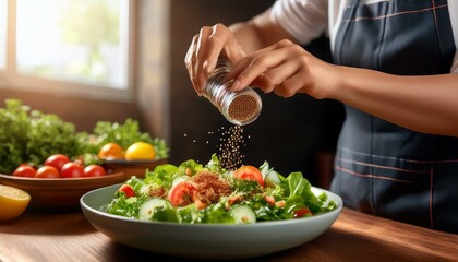 Naklejka premium Close-up of hands seasoning a salad with pepper, highlighting the importance of fresh ingredients and personal touches in cooking.