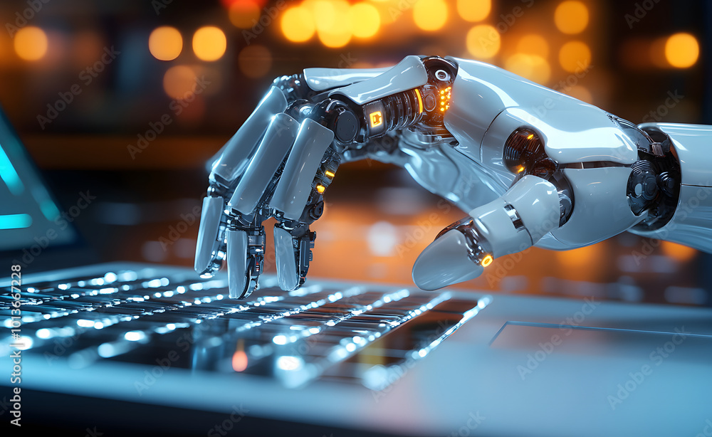 Poster cyborg hand pressing a keyboard on a laptop 3d rendering