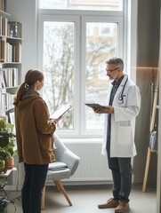 Obraz premium A doctor explains a diagnosis to a patient in a welcoming, well-lit consultation room, fostering open communication about health. Generative AI