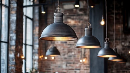  industrial-style hanging lamps with metal shades, suspended from the ceiling in a trendy cafÃ©