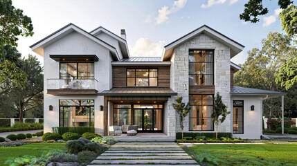 Two story modern house with white roof, stone facade, wooden accents, large windows, greenery around, minimalist style, photorealistic rendering, front view