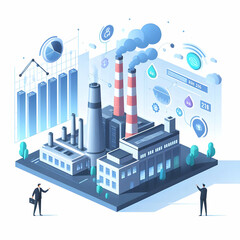Obraz premium Flat Glossy Factory and Smokestack with Holographic Pollution Levels: High Angle View of Eco-Friendly Industrial Climate Impact Visualization