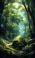 Obraz premium 2. An enchanting illustration of a scenic forest with a prominent mossy stone, framed by towering trees and vibrant foliage, providing a beautiful backdrop with plenty of space for showcasing products