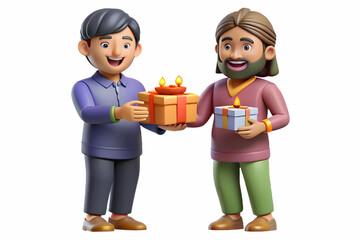 Flat Candid shot of friends exchanging Diwali gifts with glowing expressions and festive lighting in the background concept as A candid image capturing friends exchanging Diwali gifts with glowing exp