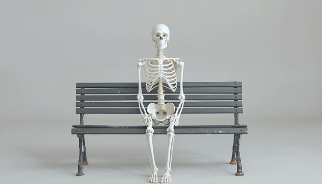 Waiting concept. Human skeleton on a park bench on a light gray background