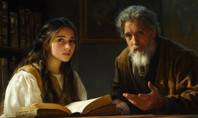 Obraz premium Woman listens intently to old man.