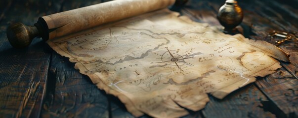 Treasure Map Unfurled on Ancient Table, 4K hyperrealistic photo