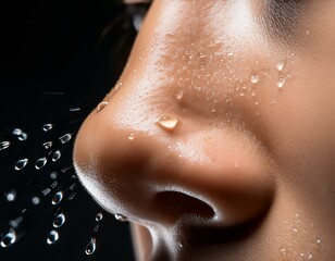 Fototapeta premium The human body's natural cooling system is visible in this image of sweat on a nose.