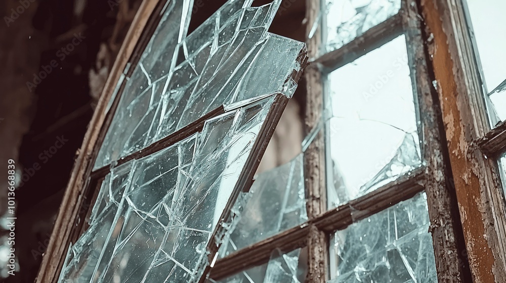 Poster A Close-Up View of a Broken Window Pane in an Old Building