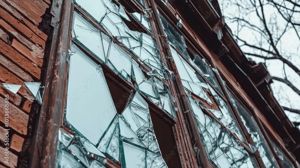 Poster broken window in a brick building with a view of a tree branch