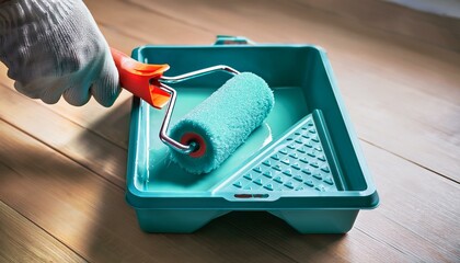 The process of home improvement, visualized through a hand dipping a paint roller into a teal paint tray.
