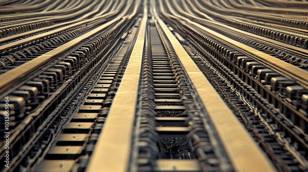 Poster abstract metallic grid with golden stripes converging in the distance
