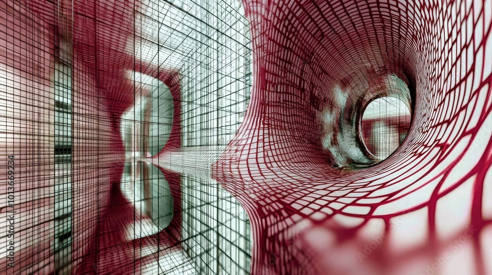 Poster Abstract Architectural Structure with Red Grids and Reflections