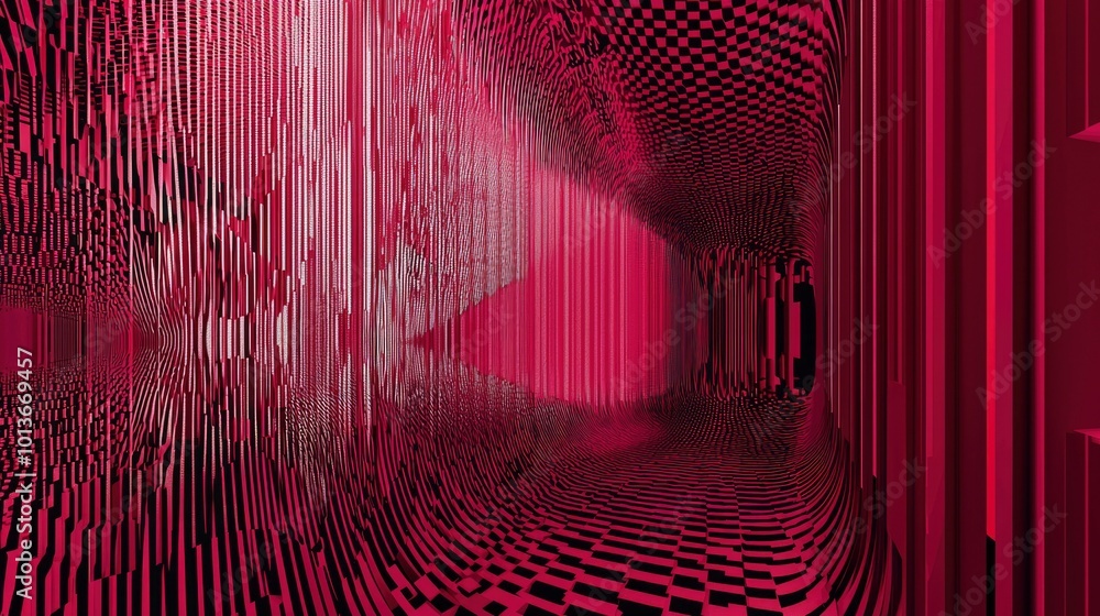 Poster abstract red and black geometric pattern with curved lines and checkered floor