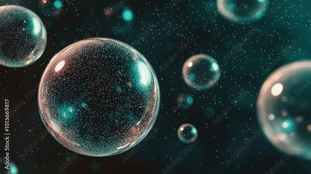 Poster a large transparent orb with smaller orbs and specks in a dark background