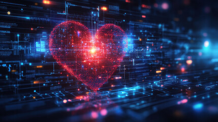A vibrant digital heart symbolizing love and technology amidst an abstract background of glowing data and connections. Perfect for themes of innovation and communication