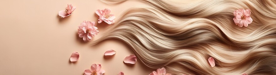 Fototapeta premium Wavy blonde hair with pink flowers on a beige background 