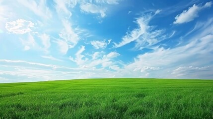 Obraz premium Green meadow under a blue sky with scattered clouds. Nature and environmental concept.