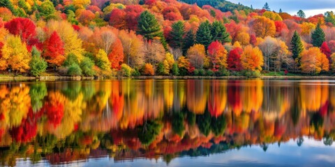Autumn lake with crimson and golden trees reflecting on surface, autumn, lake, forest, reflection, crimson, golden, trees