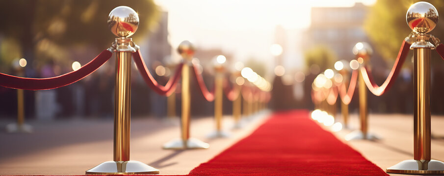 A lavish red carpet lined with golden stanchions awaits guests at a prestigious outdoor event during sunset