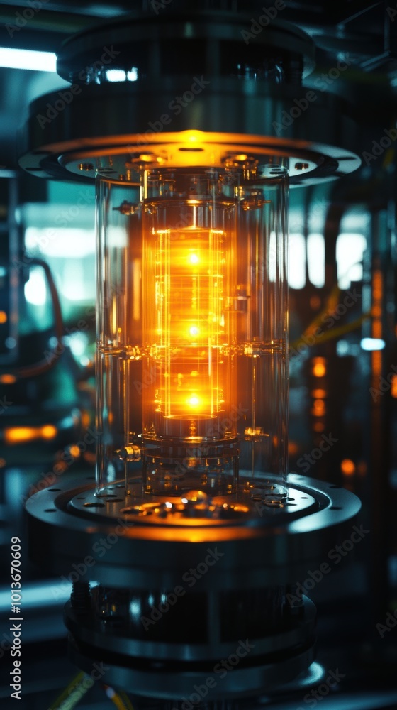 Poster quantum computing core in a cryptography lab, vibrant yellow components, advanced technology, intric
