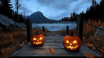 Spooky Halloween scene with carved pumpkins on a wooden dock by misty lake.
