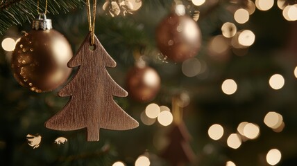 Decorative Christmas tree ornament with golden baubles and soft lights.