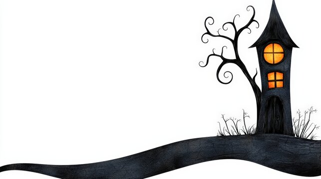 Spooky illustration of a haunted house with an eerie tree, white isolated background.