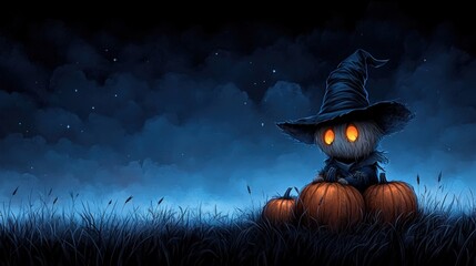 Fototapeta premium Spooky scarecrow with glowing eyes on pumpkins, magical Halloween night scene.