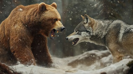 Obraz premium A Grizzly Bear and a Wolf Facing Off in a Snowy Forest