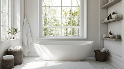 Cozy bathroom interior with a tub, shelf, and window
