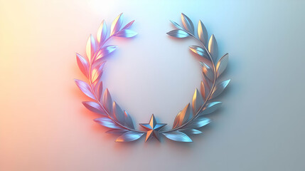 Obraz premium 3D Glossy holographic laurel wreath and star with copy space concept as A serene image featuring a glossy holographic laurel wreath and star isolated on a white background. The design provides ample c