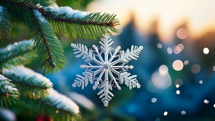 A snowflake shaped Christmas ornament hangs on a snowy spruce branch with highlights in the background.