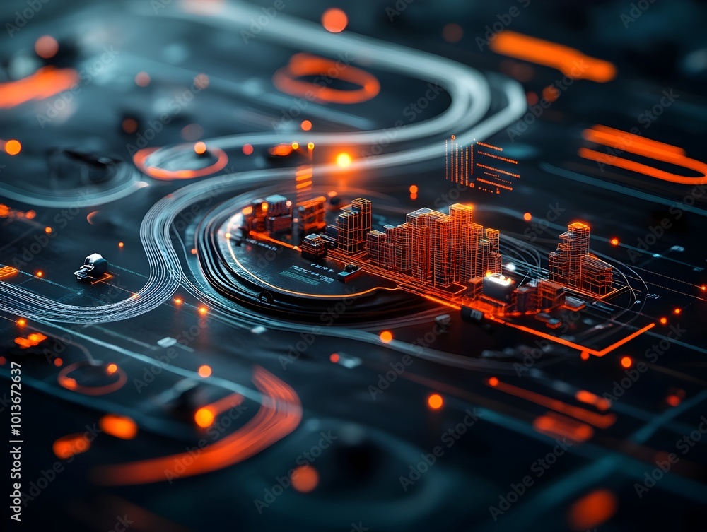 Poster luminous interconnected urban mobility system abstract data visualization depicting the dynamic and 