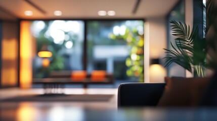 A modern, softly lit interior with plants and furniture, creating a cozy atmosphere.