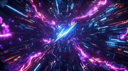 Naklejka premium A digital abstract with blue and purple lightning bolts in a dark background with bright rays of light.