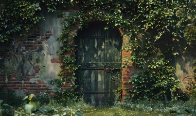 Secret garden door with overgrown vines, 4K hyperrealistic photo