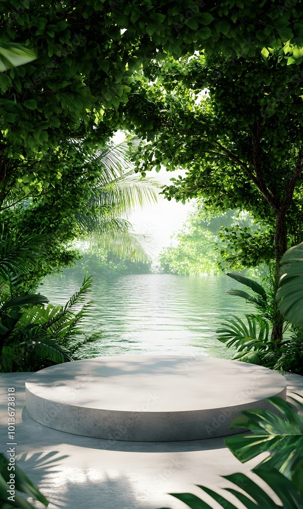 Poster 4. a beautiful 3d render of a product display stage with a clean, empty podium surrounded by lush tr