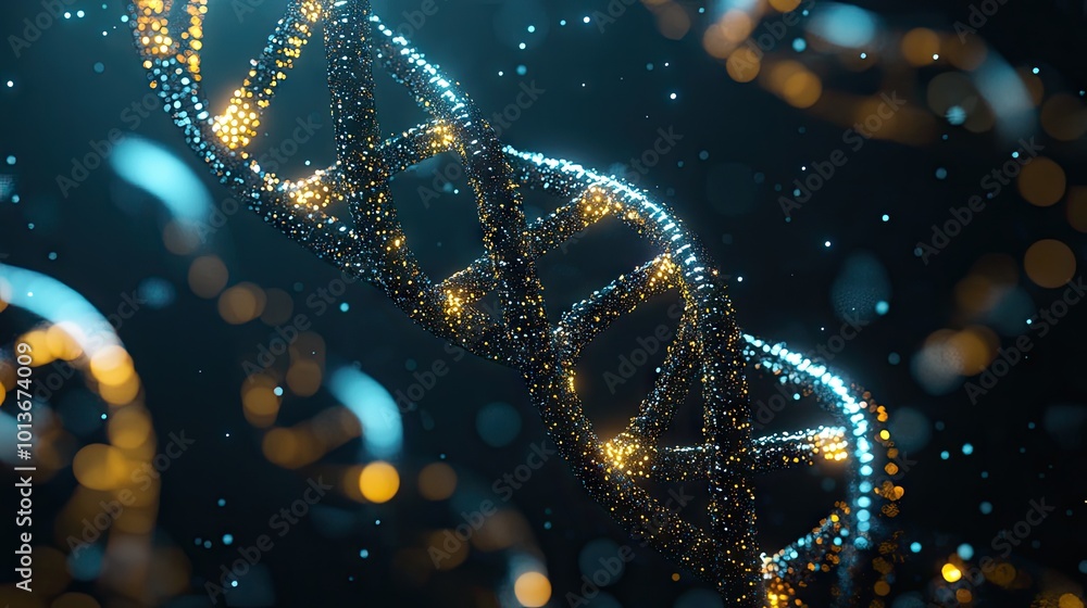 Poster a mesmerizing close-up of a dna double helix illuminated with vibrant particles and glowing lights.