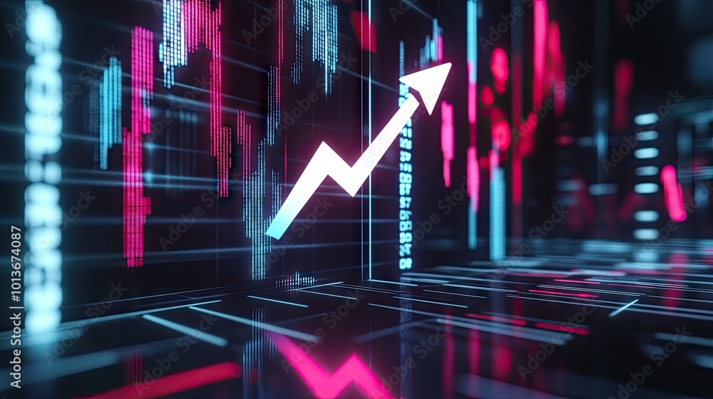 Poster an abstract digital representation of increasing market trends with vibrant red and blue graphs disp
