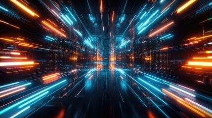 Obraz premium An abstract representation of speed and technology, featuring vibrant blue and orange light trails in a futuristic setting.