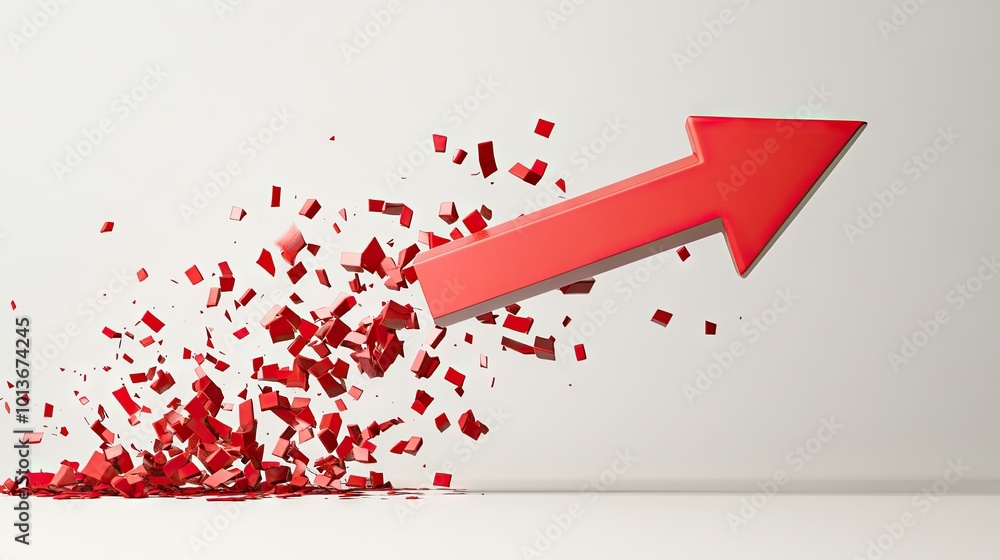 Poster a dynamic 3d red arrow bursting through particles, symbolizing growth and upward momentum.