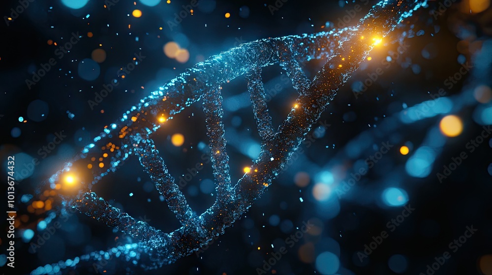 Poster abstract representation of a blue dna double helix with sparkling particles, symbolizing genetic sci