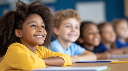 Diverse group of school children engaged in collaborative learning activities in vibrant classroom, a mix of backgrounds and cultures while fostering friendship, inclusion,academic curiosity