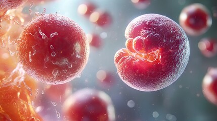 Close-up of vibrant red and pink cells in a dynamic biological environment, showcasing cellular activity and growth.