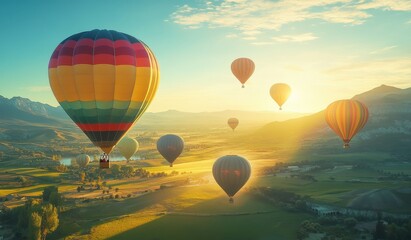Naklejka premium A wide shot of an array of colorful hot air balloons rising into the sky at sunrise, with mountains in the background.
